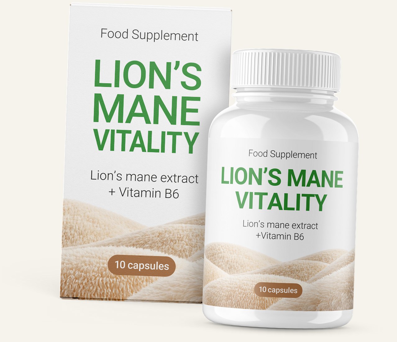 Lion's Mane Vitality — box and bottle, 10 capsules