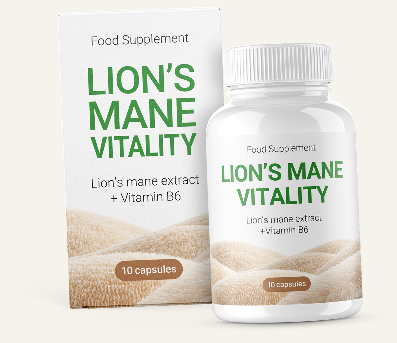 Lion's Mane Vitality — škatla in steklenička z 10 kapsulami