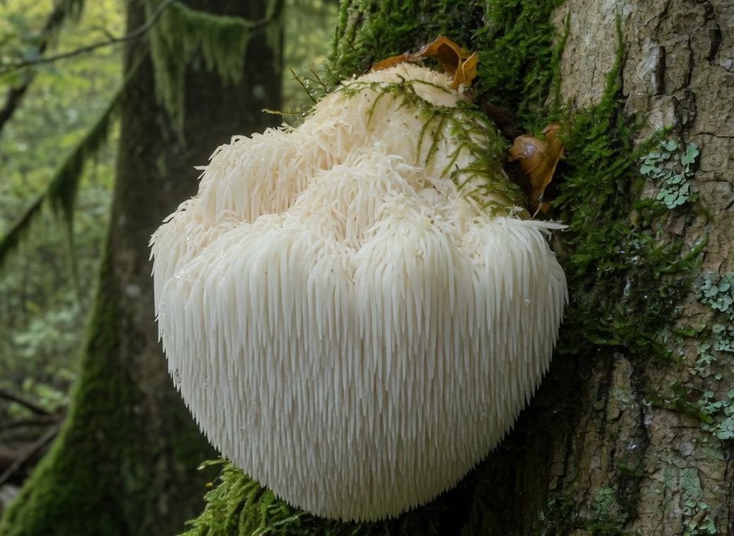 Coama leului (Hericium erinaceus) crescută pe lemn